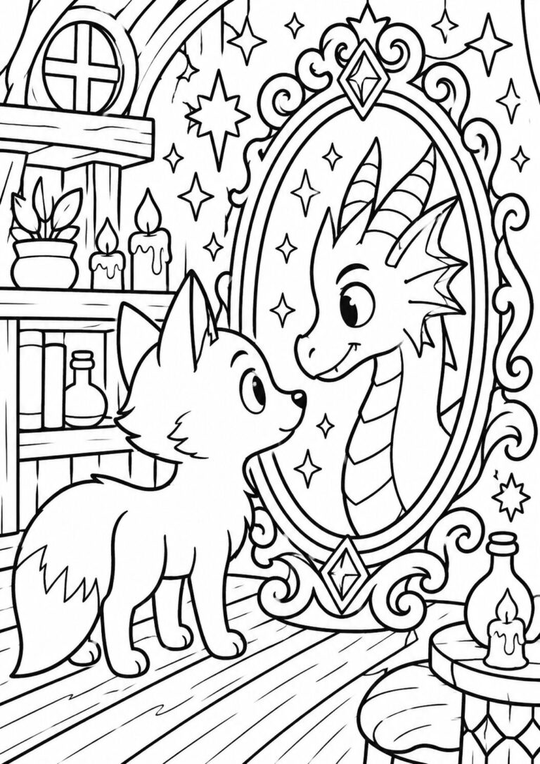 Coloring page depicting a fox looking into a mirror showing a dragon's reflection. The scene includes cozy elements like candles, potions, and stars, creating a whimsical atmosphere. Ideal for children who adore fantastical adventures.