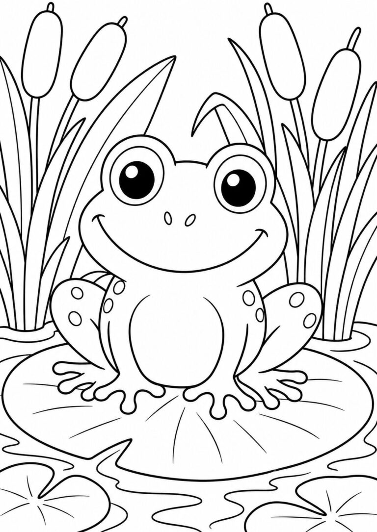 This attractive coloring page displays a joyful frog sitting on a lily pad, complete with cattails and a serene pond environment perfect for young artists to add vibrant colors.