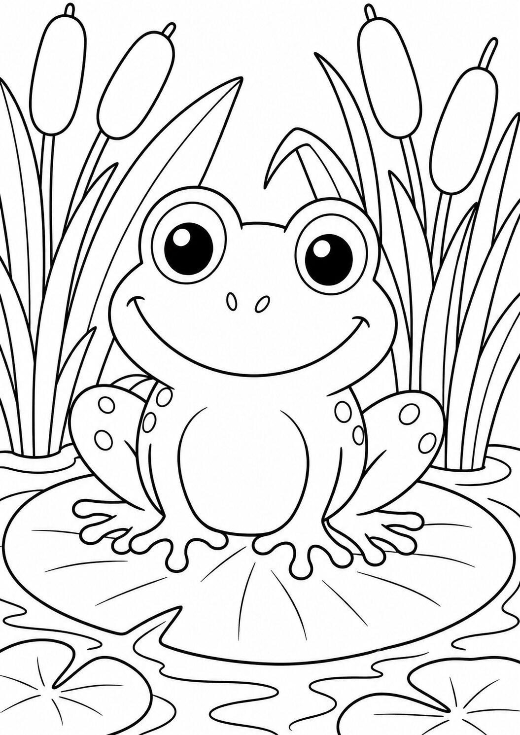 This attractive coloring page displays a joyful frog sitting on a lily pad, complete with cattails and a serene pond environment perfect for young artists to add vibrant colors.
