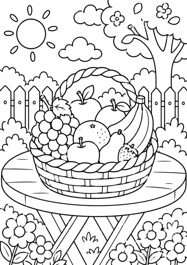 A detailed coloring page for children showing a basket of fruits on a table in a garden with a sunny sky, trees, and a fence.