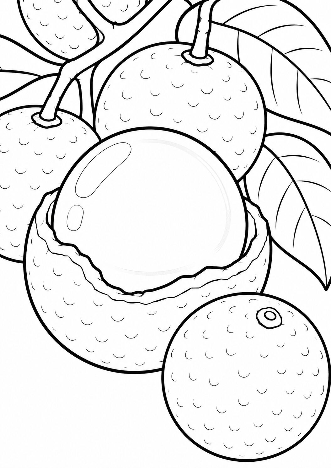 Children's coloring page featuring lychee fruit with detailed textures and leaves. A great activity to inspire young imaginations and creativity.