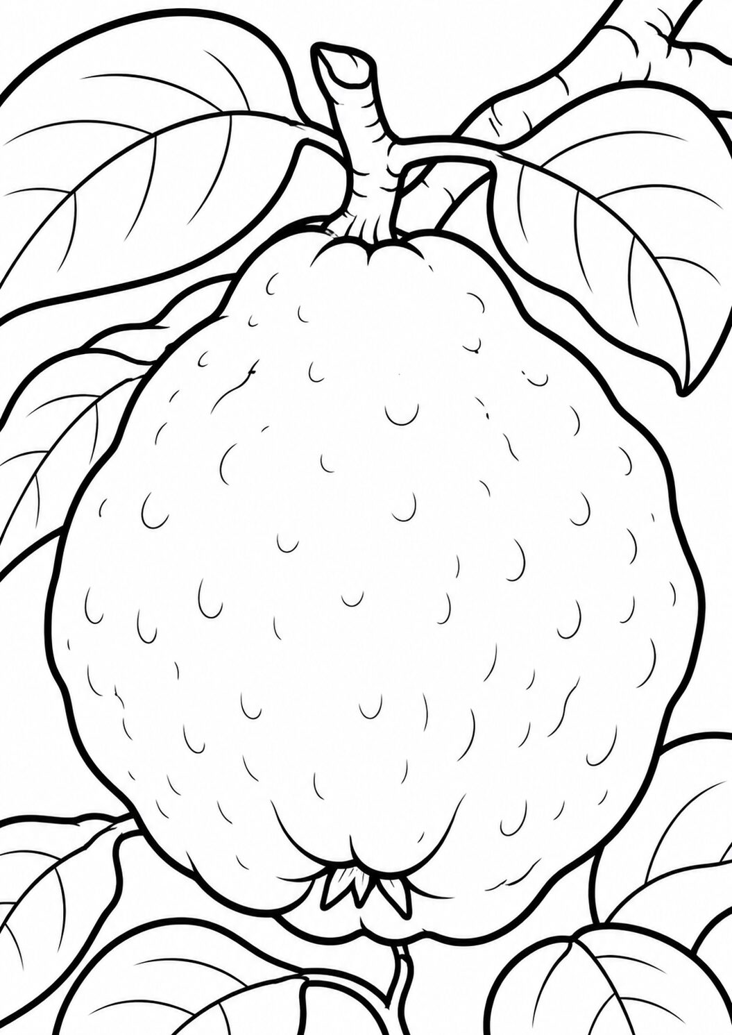 A fruit hanging on a branch with leaves, ready to be colored by children, offering a fun and educational activity for young artists.