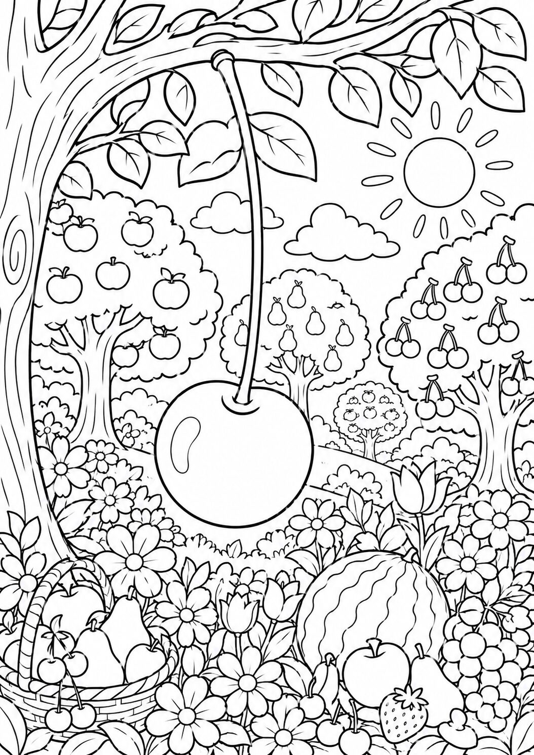 A whimsical orchard scene with trees bearing apples, pears, and cherries. A giant cherry hangs prominently, surrounded by flowers and a sunny sky, offering children an engaging coloring experience.