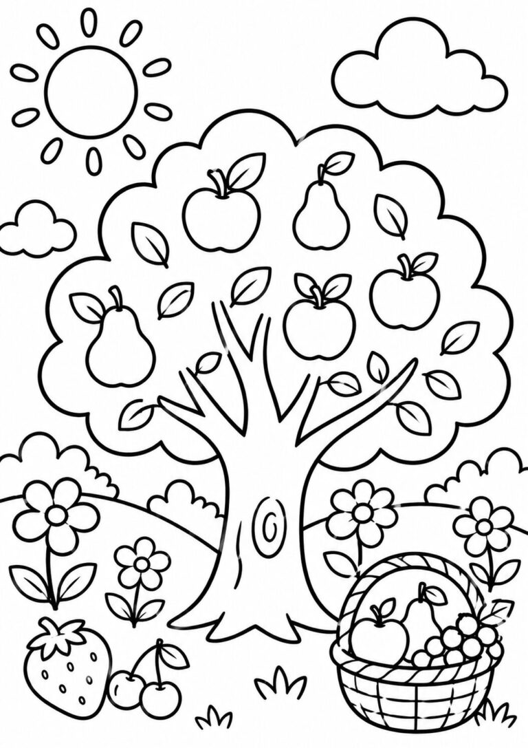 A detailed coloring page showing a fruit tree with apples and pears, surrounded by flowers, a sun, and a basket of fruits, perfect for kids to color and learn about nature.