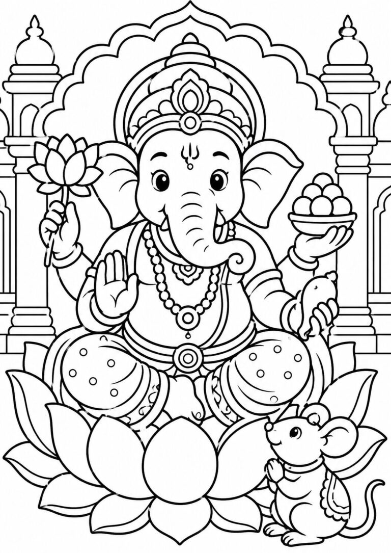 The coloring page depicts Ganesha on a lotus, holding a lotus flower and a platter of traditional sweets, with a mouse at his feet, offering intricate details for a fun coloring experience.