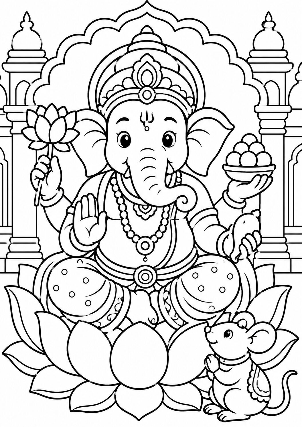 The coloring page depicts Ganesha on a lotus, holding a lotus flower and a platter of traditional sweets, with a mouse at his feet, offering intricate details for a fun coloring experience.