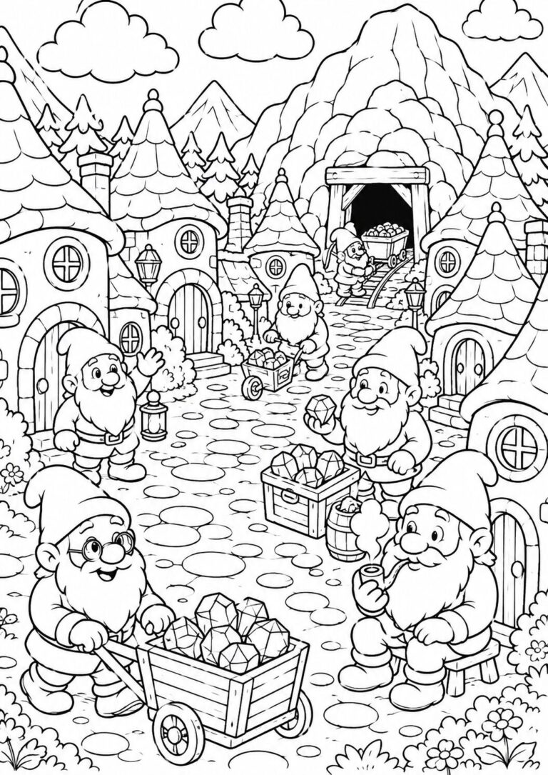 A delightful coloring page showing a lively village of gnomes with busy gnome characters among quaint houses and lush landscapes, inviting kids to color and join the magical setting.