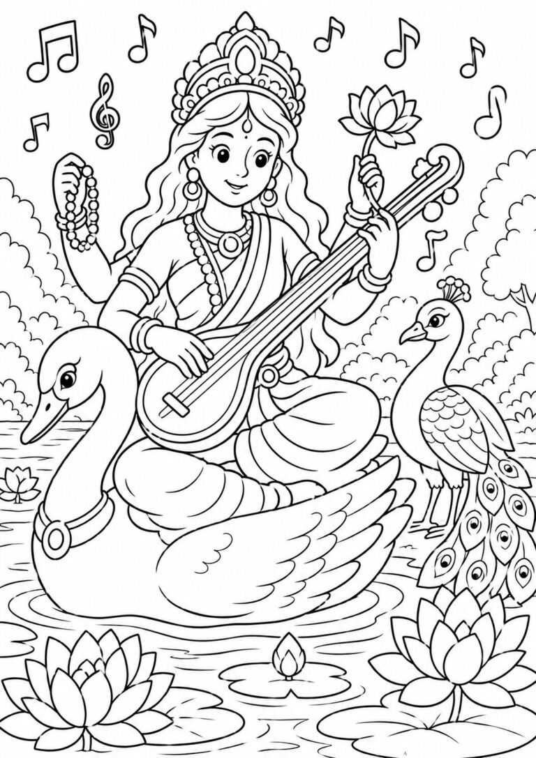 A coloring page depicting a goddess with a musical instrument on a swan, surrounded by lotus flowers and a peacock, offering a serene and artistic experience for children.