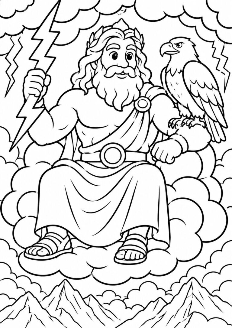 A Greek god seated on fluffy clouds holding a lightning bolt, with an eagle perched on his arm. This mythical scene encourages kids to engage with Greek mythology through art and creativity.