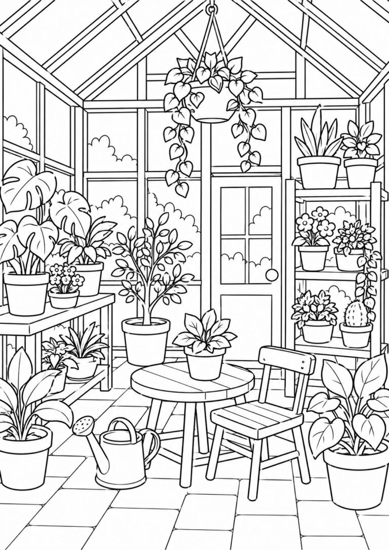 A detailed coloring page displaying a greenhouse with various potted plants, a hanging vine, and a watering can on the ground. The scene is tranquil and invites children to color in the diverse plant life and greenhouse surroundings.