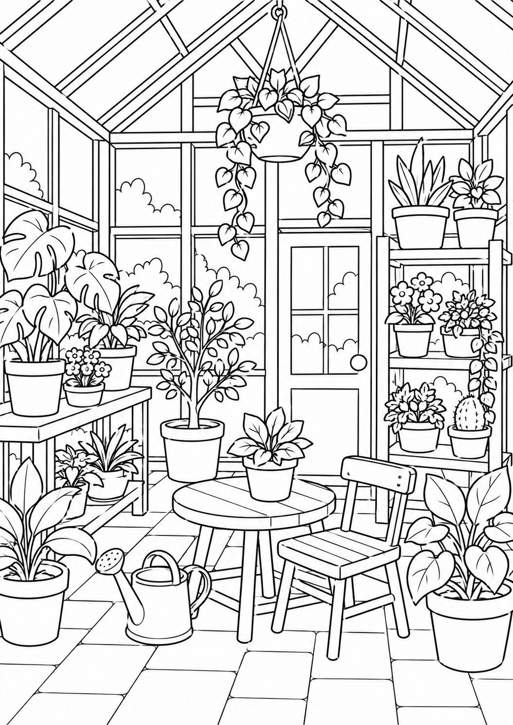A detailed coloring page displaying a greenhouse with various potted plants, a hanging vine, and a watering can on the ground. The scene is tranquil and invites children to color in the diverse plant life and greenhouse surroundings.