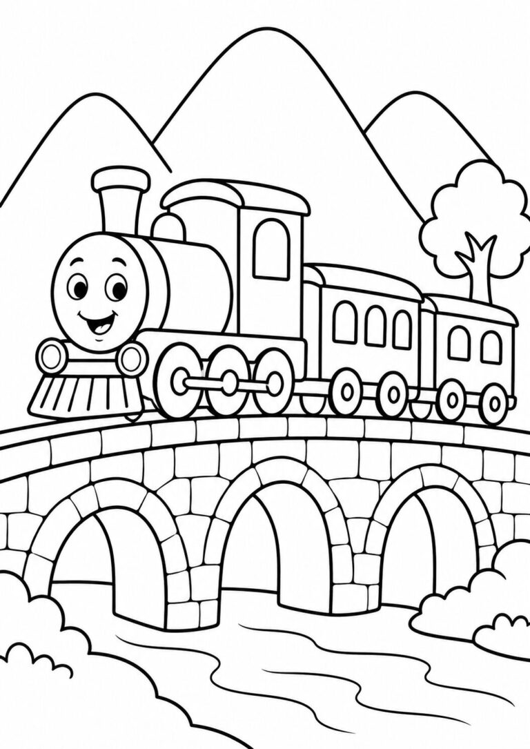 A cheerful train crossing a stone bridge over a river, set against hills and trees, ready for children to color.