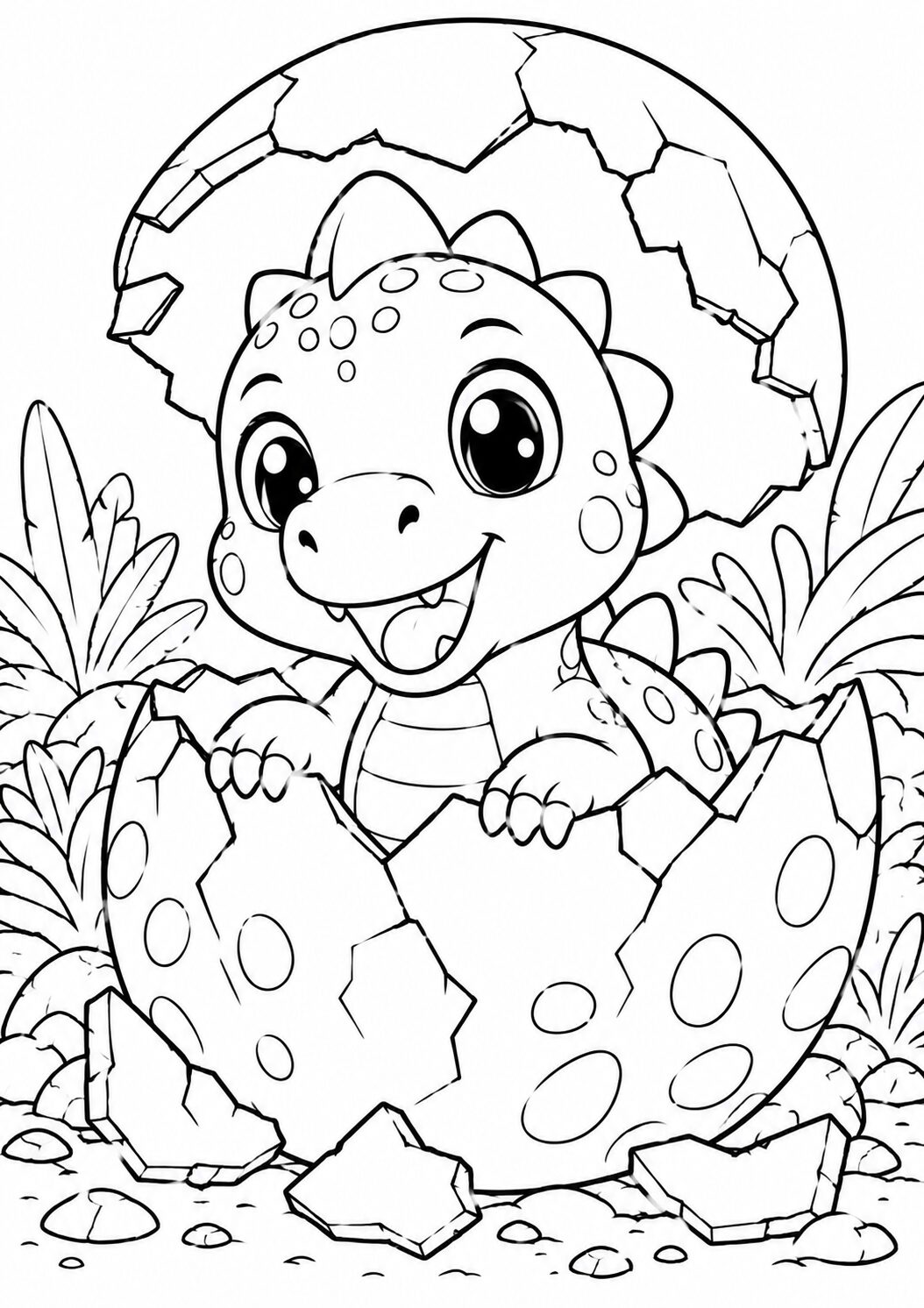 A coloring page showing an adorable dinosaur breaking free from its cracked egg, surrounded by greenery. Perfect for children to color and enjoy.