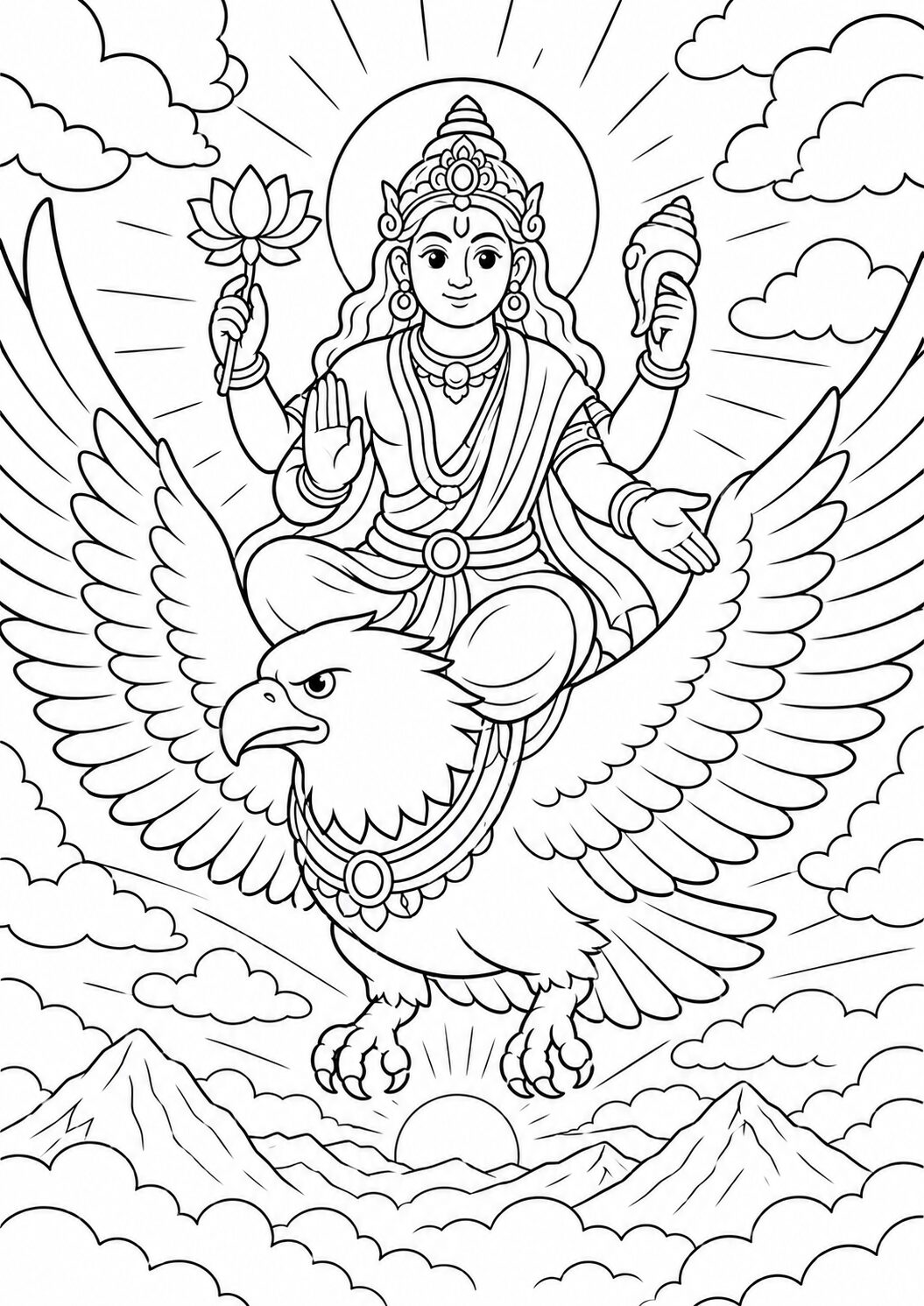 Coloring page showing a Hindu deity on an eagle, soaring above mountains and clouds. This depiction introduces elements of Hindu mythology through intricate line art.