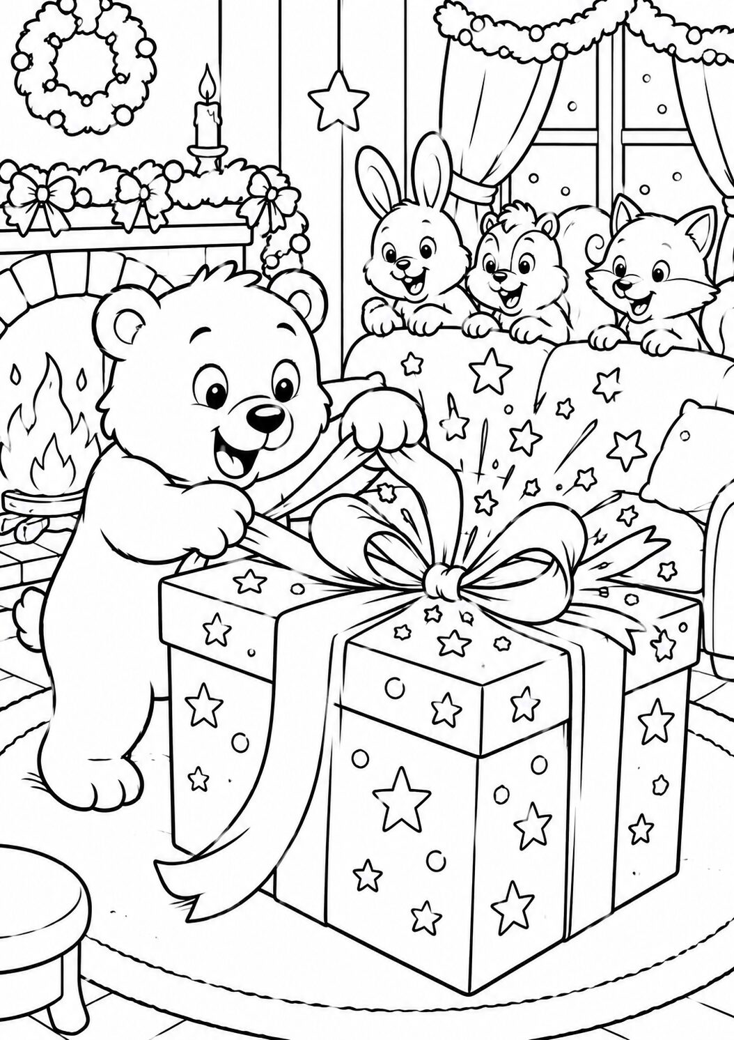 A cheerful bear opens a large gift with a festive bow while other animals, including a rabbit and fox, watch excitedly in a holiday-decorated room.