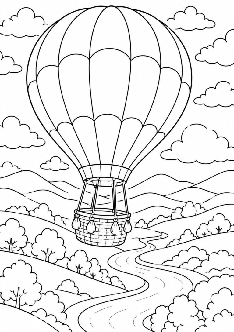 A detailed coloring page showcasing a hot air balloon floating peacefully above a lush landscape with trees, hills, and a winding river. Perfect for kids to explore colors and creativity.