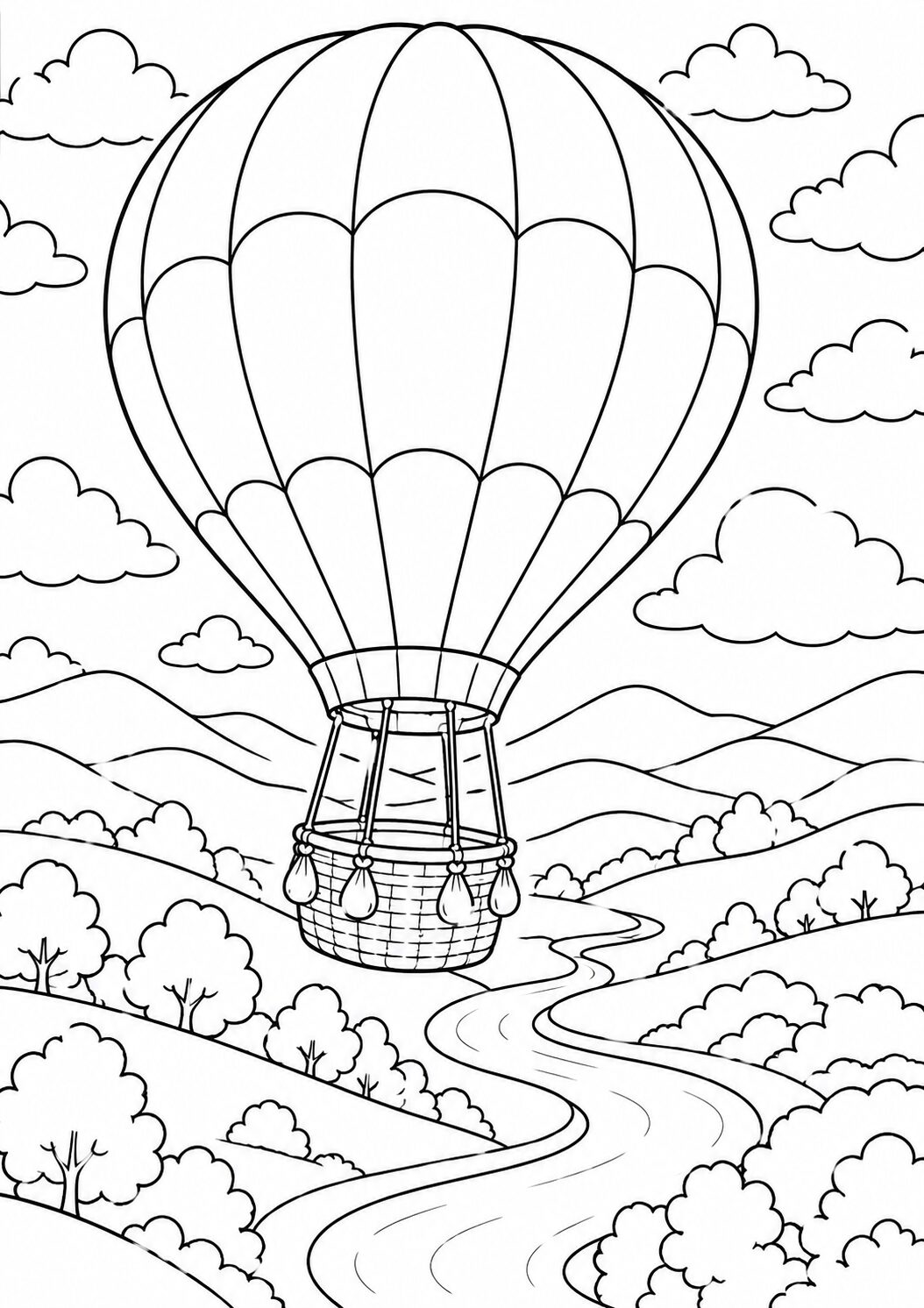A detailed coloring page showcasing a hot air balloon floating peacefully above a lush landscape with trees, hills, and a winding river. Perfect for kids to explore colors and creativity.