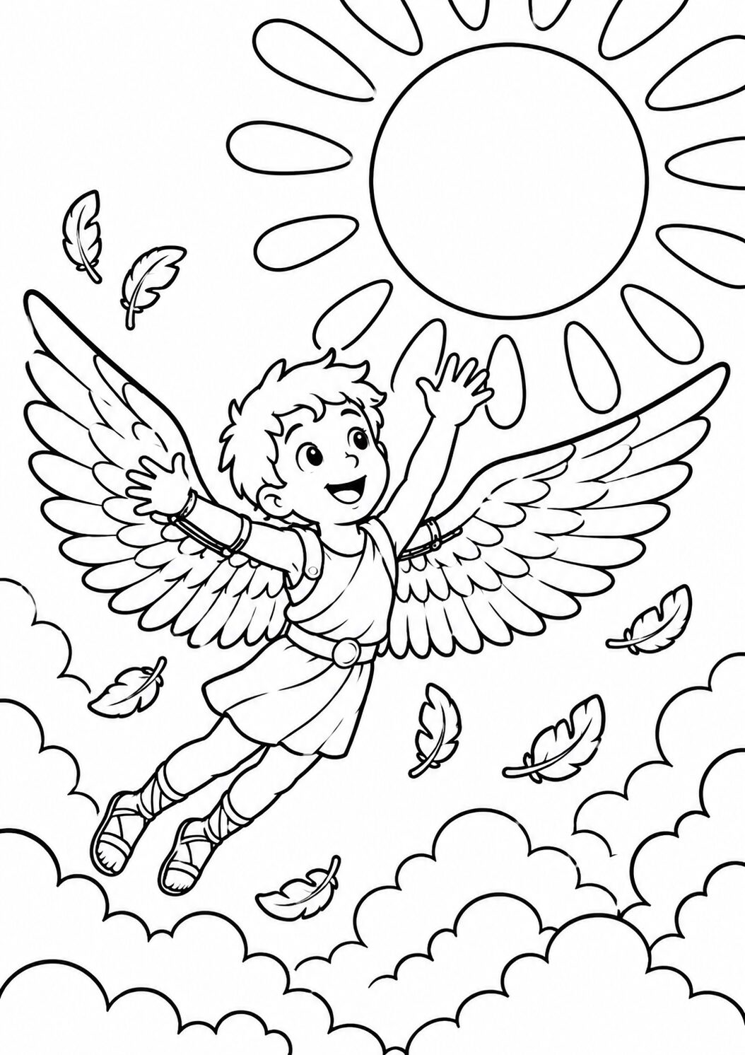 Illustration of Icarus with wings flying towards the sun. Clouds and feathers surround the mythical character, providing a dynamic scene for coloring.