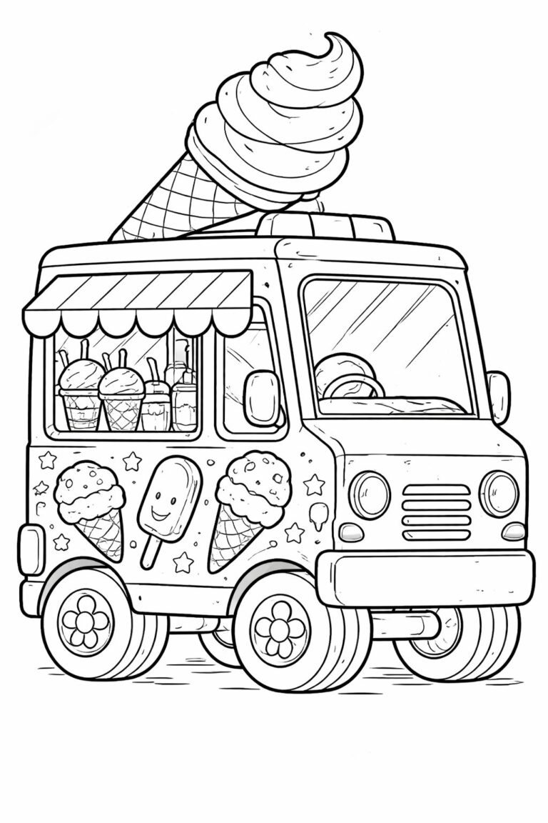 A whimsical ice cream truck with a big cone on top and decorated with ice cream cones and popsicles, perfect for children's coloring.