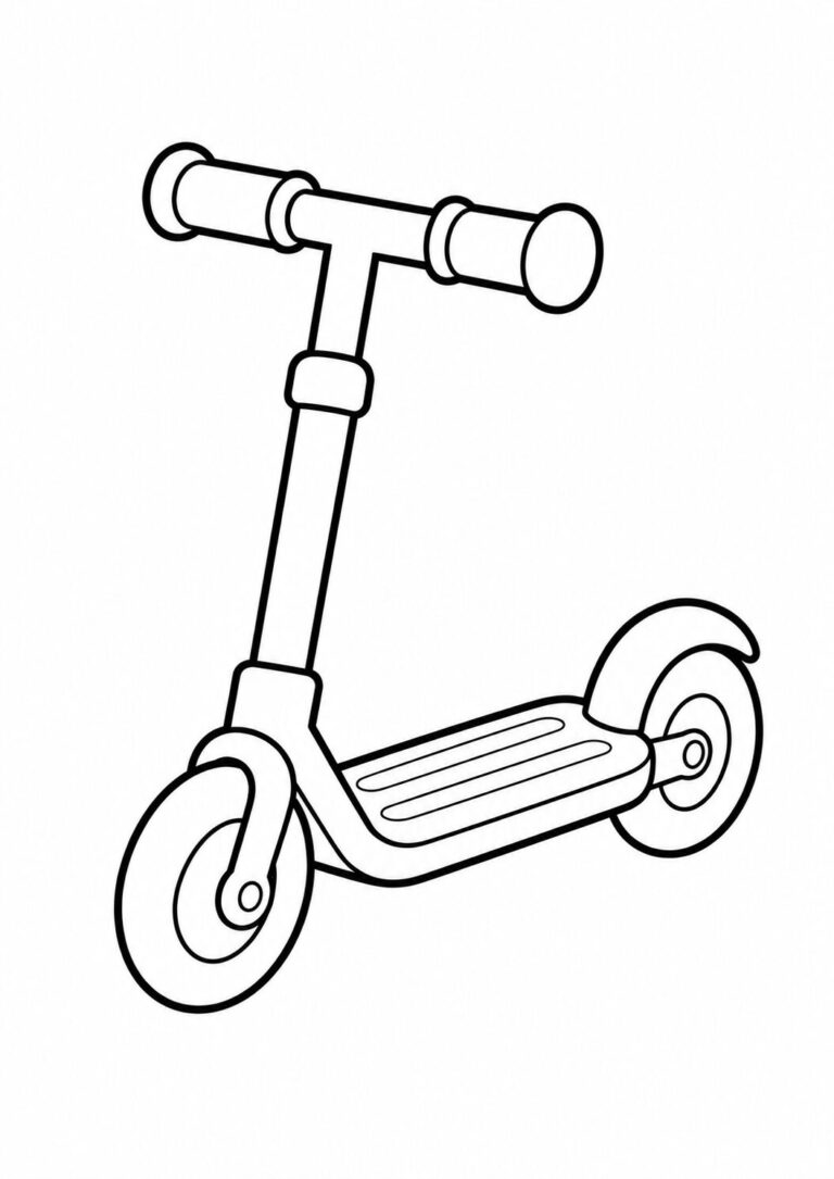 Simple outline of a kids scooter on a coloring page. Children will enjoy coloring the wheels, handlebar, and body of the scooter, expressing creativity and motor skills. Ideal for a fun art activity.