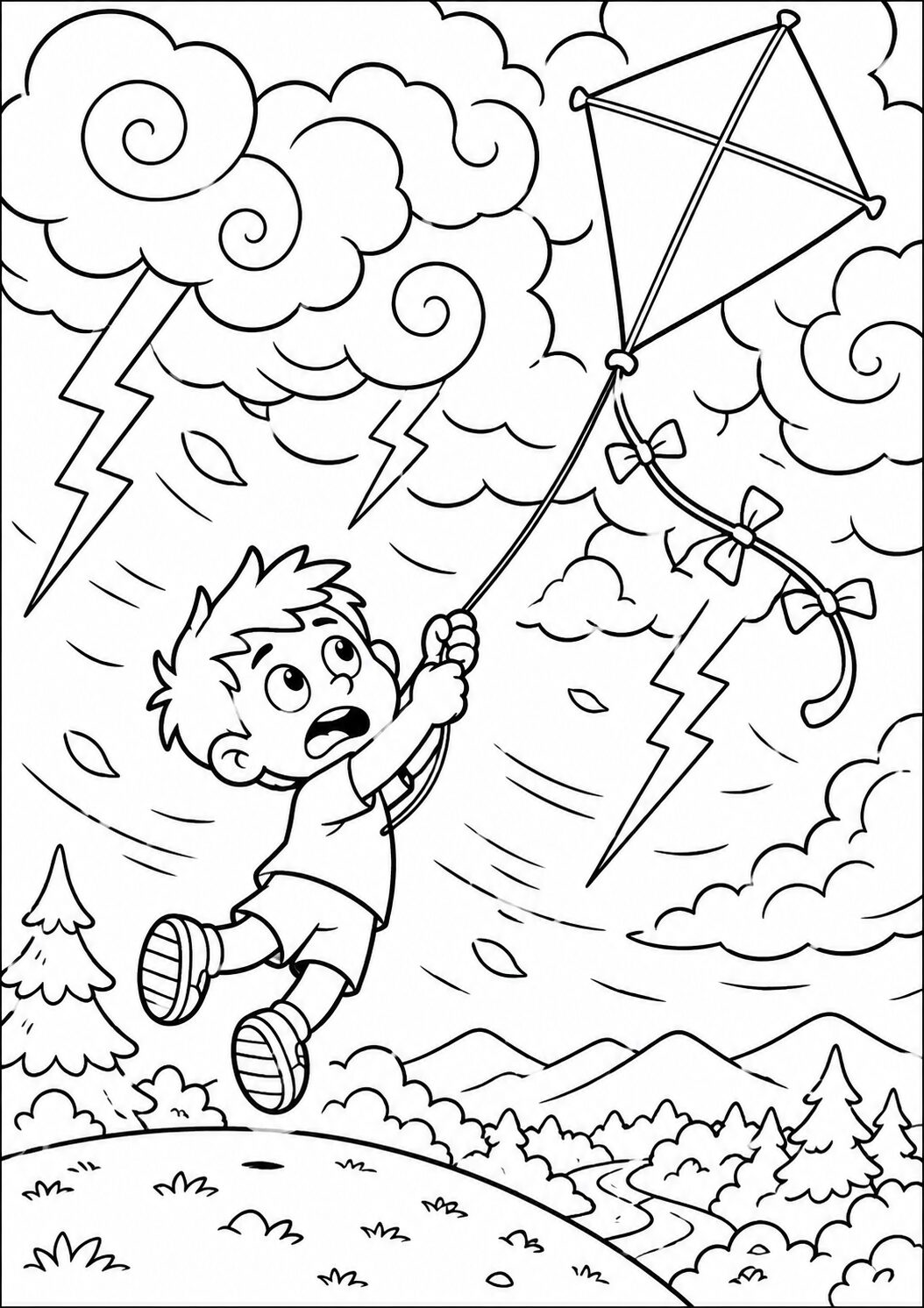 A young boy holding onto a kite in a stormy landscape. Lightning strikes in the background, and trees surround the scene, creating an adventurous atmosphere for a coloring page.