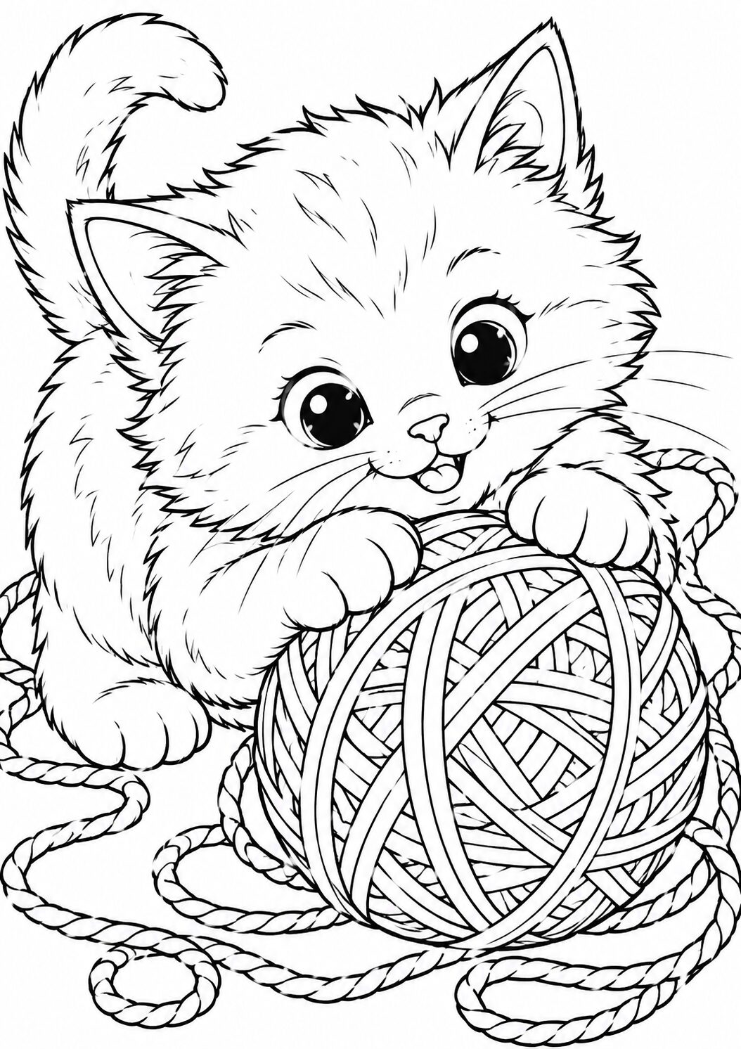A cute kitten playing with a ball of yarn. Perfect for coloring, this page invites children to add vibrant colors to the adorable scene, showcasing the playful nature of kittens in a charming manner.