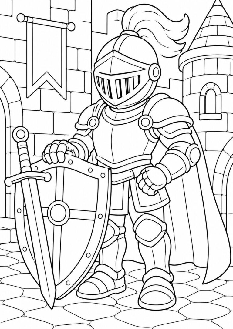 A knight in armor stands before a castle, holding a shield and sword. The scene includes detailed castle walls, a tower, and a banner, providing a splendid medieval setting for children to color.