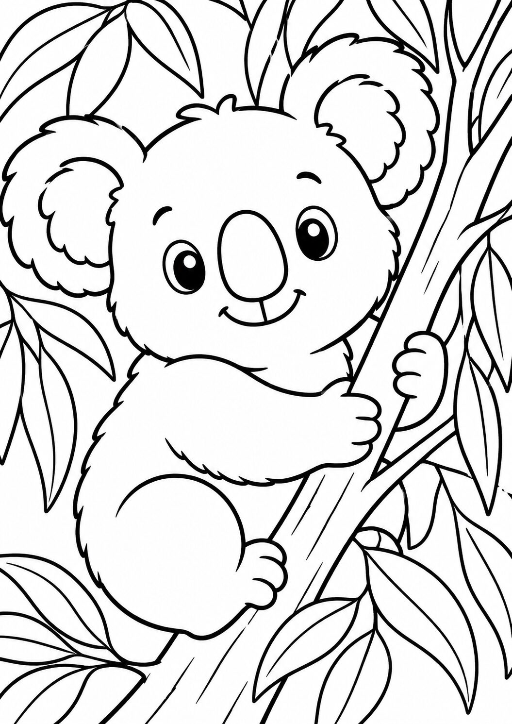 A delightful coloring page featuring a cute koala clinging to a tree branch. Children will enjoy coloring the adorable koala and the surrounding leaves, enhancing their creativity and fine motor skills.