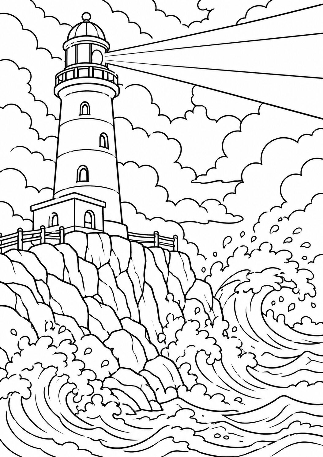 Detailed coloring page showcasing a lighthouse on rocky cliffs beside a stormy ocean. Waves crash dramatically against the shore, offering an exciting scene for coloring enthusiasts.