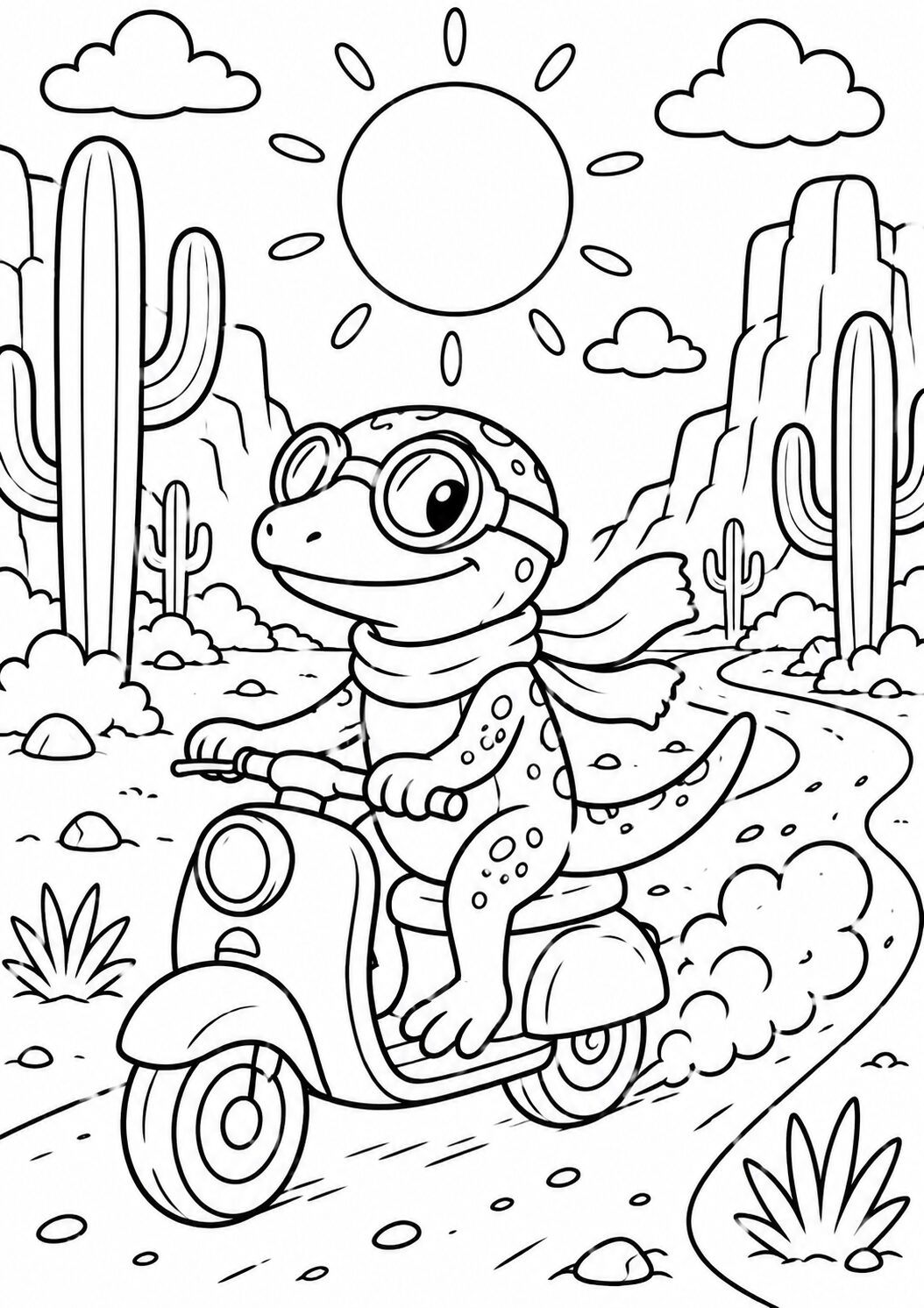 A fun coloring page of a lizard riding a scooter through a desert with cacti, perfect for children to explore creativity.