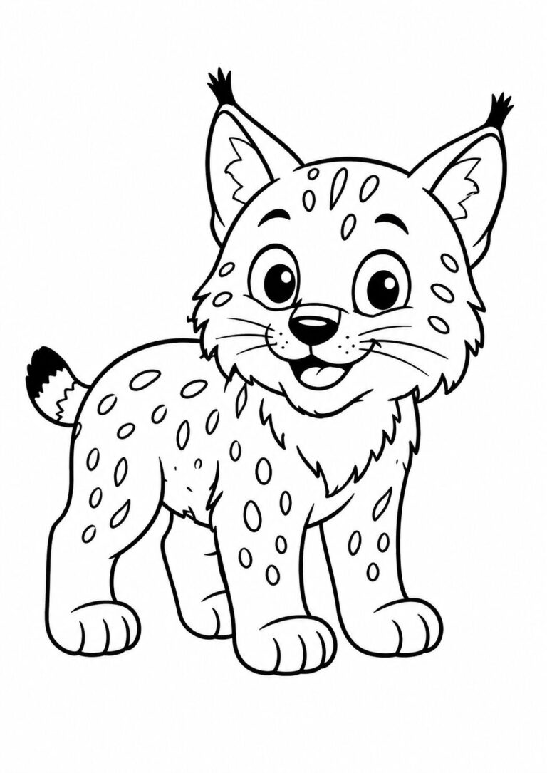 A children's coloring page featuring a happy lynx with big eyes, prominent ears, and spots. It's designed to engage young artists, offering a fun way to learn about lynxes while expressing creativity.