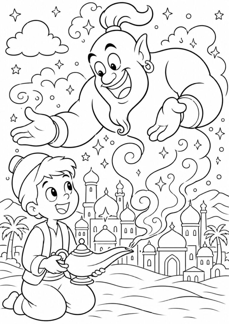 Coloring page featuring a young boy with a magic lantern from which a friendly genie emerges. The background includes a beautiful palace and night sky filled with stars.