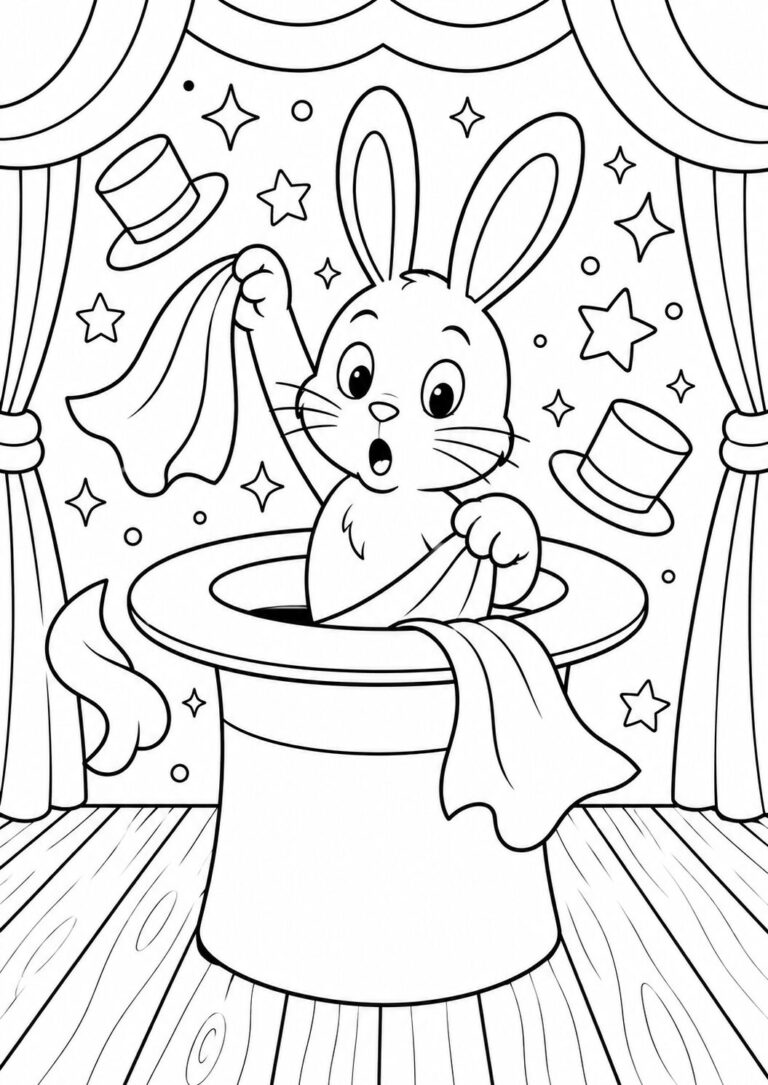 A magical rabbit emerges from a top hat set on a stage. The background is filled with stars and floating top hats, creating a whimsical scene for coloring.