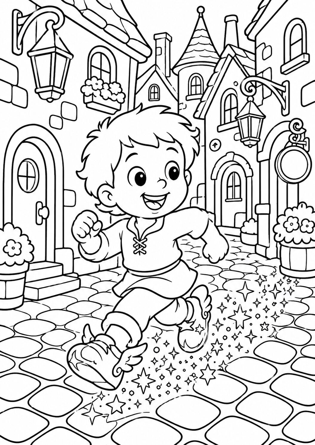 A lively child runs through a whimsical village with cobblestone streets and charming houses. Magical shoes leave a trail of stars, inviting young artists to color the enchanting scene and foster creativity.