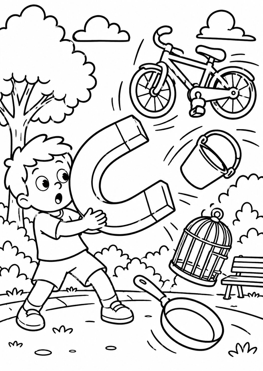 A child plays with a large magnet, attracting objects such as a bicycle, bucket, and birdcage in a playful outdoor scene, surrounded by trees and clouds.