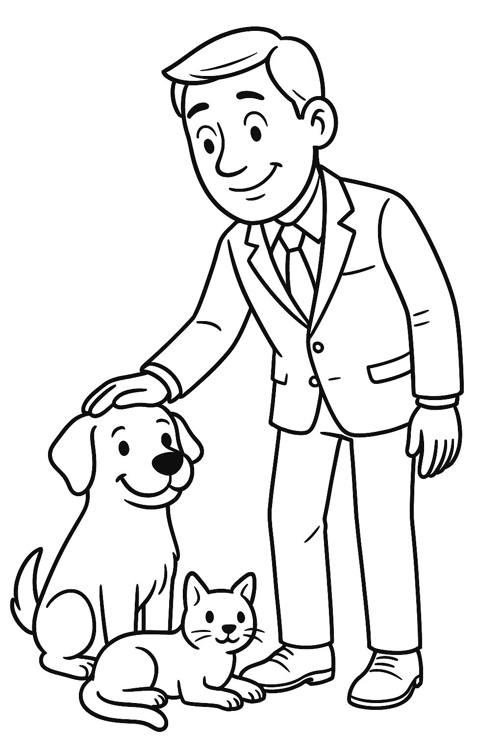 A friendly man in a suit patting a smiling dog while a cute cat sits nearby on a coloring page for kids.
