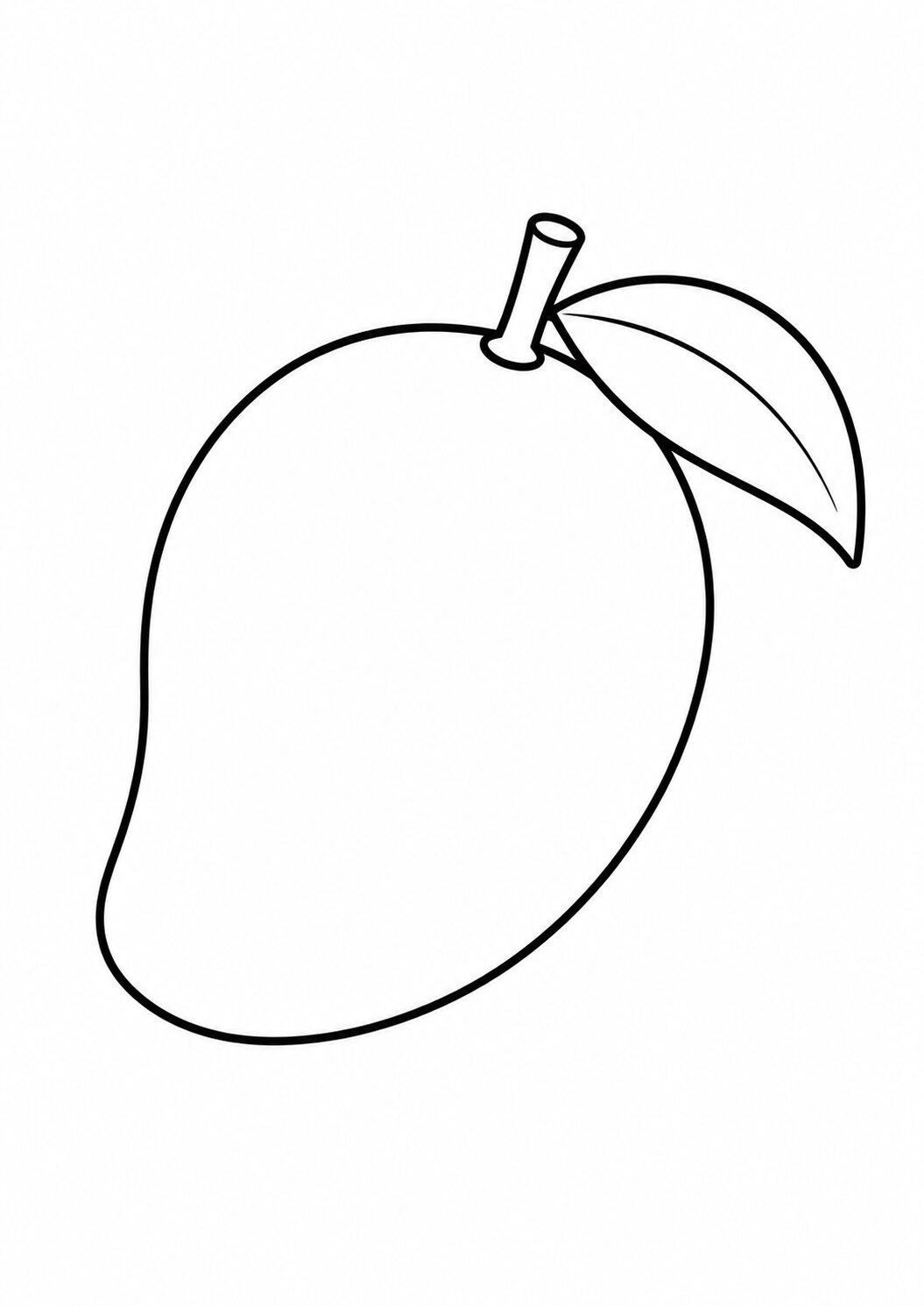 A simple mango outline with a single leaf, perfect for kids to color. Enhance creativity and learn about fruits with this fun coloring page. Ideal for improving fine motor skills.