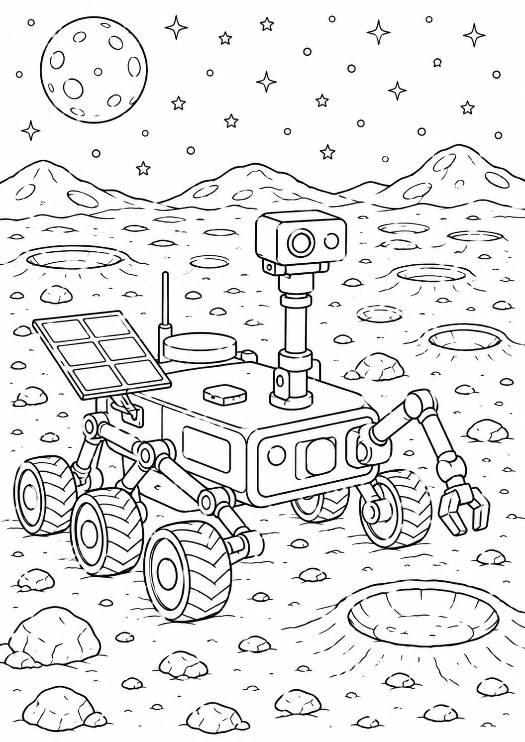 A Mars rover exploring a rocky and cratered surface with a starry sky and distant lunar landscape, perfect for a space-themed coloring activity for children.