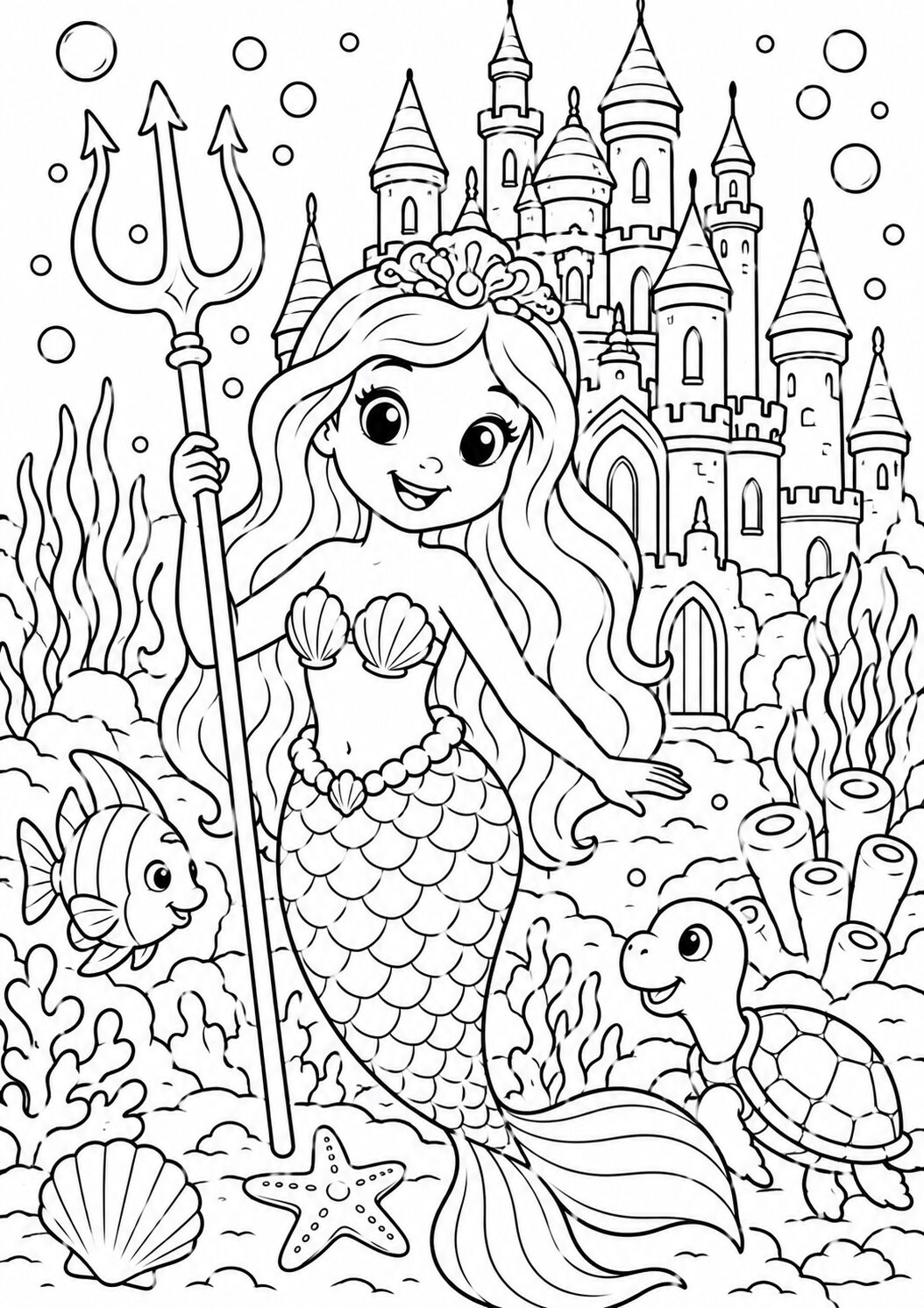 A cheerful mermaid holding a trident, with a fish and turtle beside her in front of an undersea castle surrounded by coral and bubbles. Perfect coloring page to spark creativity in children.