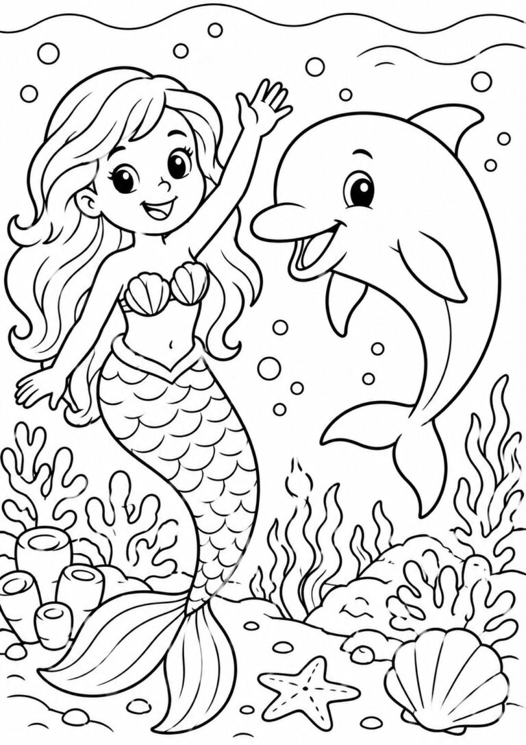 A happy mermaid and a playful dolphin in an underwater scene with corals and bubbles, perfect for a children's coloring activity.