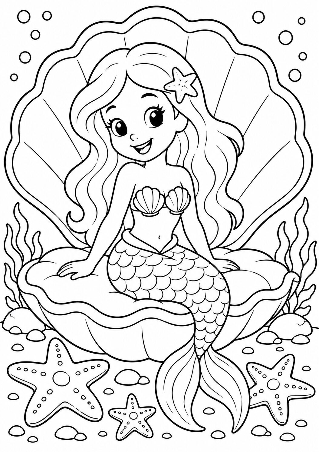 Coloring page of a cute mermaid sitting on a clamshell, surrounded by sea elements like starfish and bubbles. Children can color her long flowing hair and detailed scales on the tail.