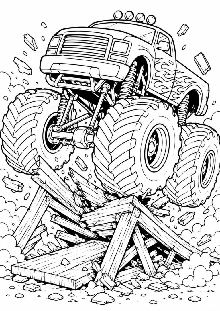 A dynamic coloring page showing a massive monster truck with large wheels crushing a wooden bridge, capturing the thrill and excitement.