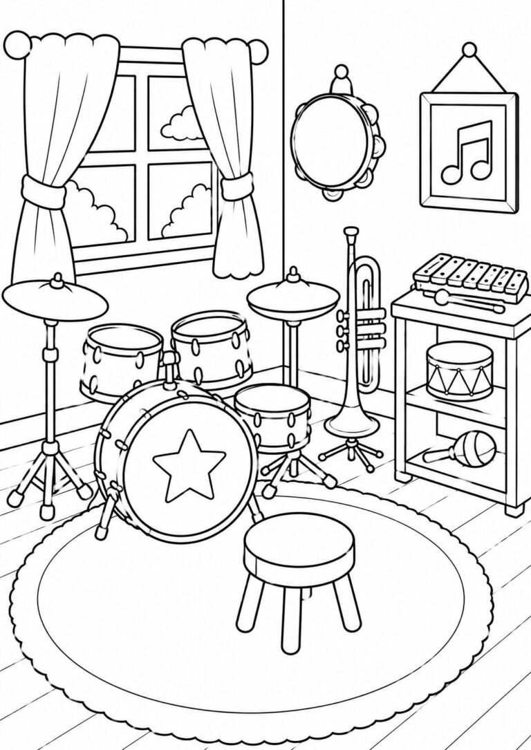 A children's coloring page showing a variety of music instruments such as drums, a trumpet, and a tambourine in a cozy room setting, perfect for young artists.