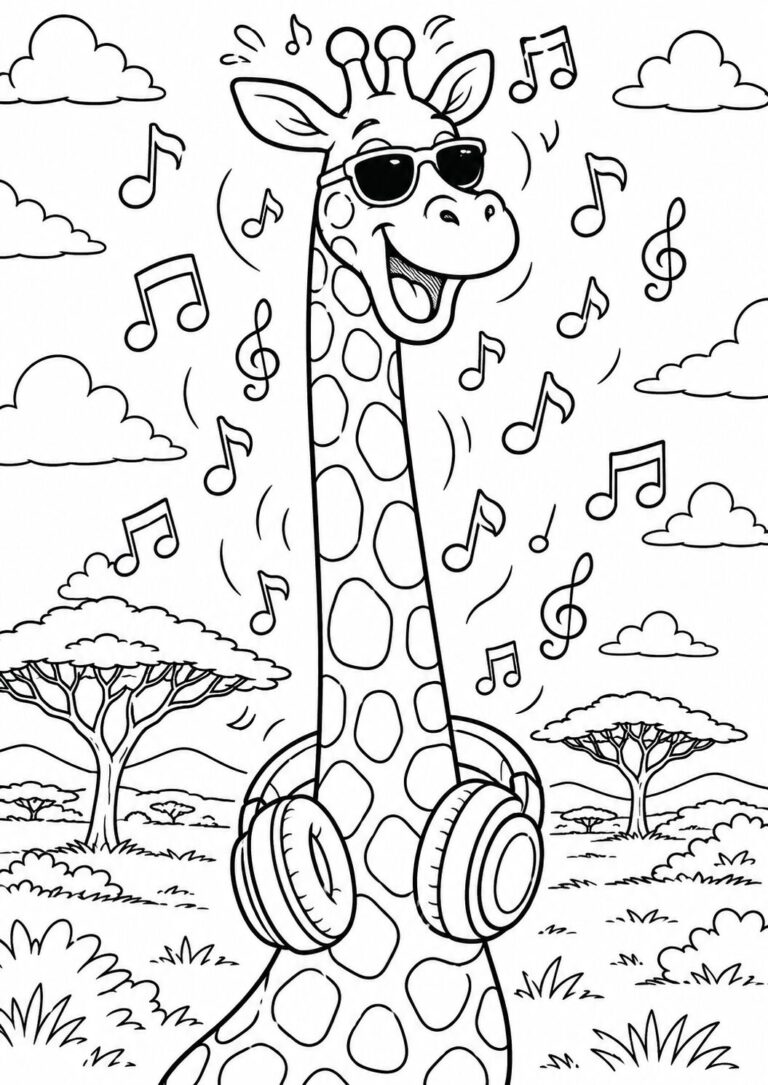 A playful coloring page of a giraffe with sunglasses and headphones in a safari setting, enjoying music symbolized by floating notes around.