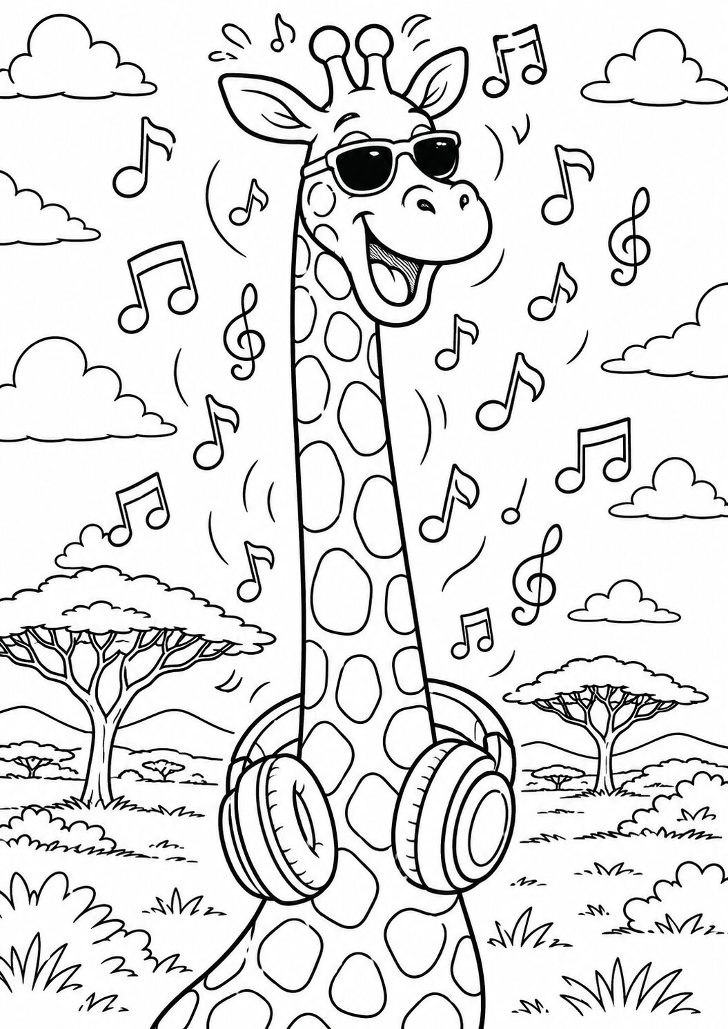 A playful coloring page of a giraffe with sunglasses and headphones in a safari setting, enjoying music symbolized by floating notes around.