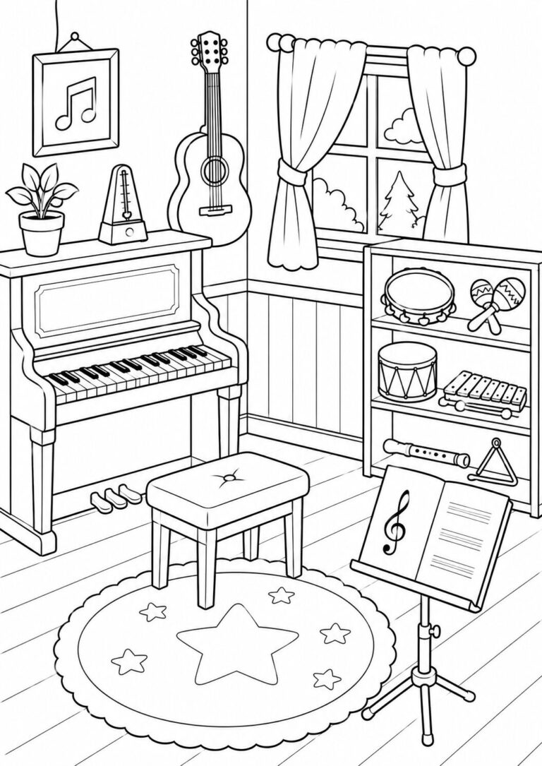 Coloring page of a music room with piano, guitar, drums, and other instruments set in a neat and inviting space with a window view.