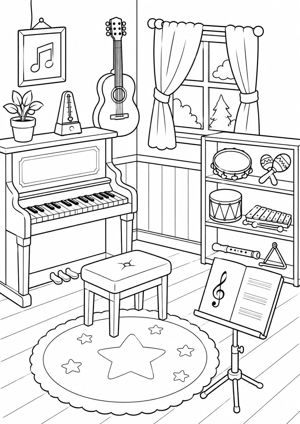 Coloring page of a music room with piano, guitar, drums, and other instruments set in a neat and inviting space with a window view.