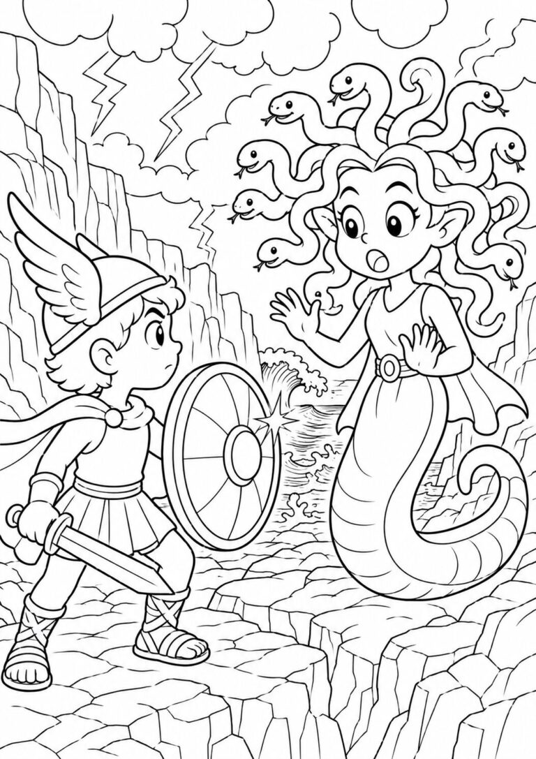 A young hero confronts a snake-haired creature in a rocky landscape under thunderous skies. Children can bring this thrilling mythical scene to life by using their creative coloring skills.