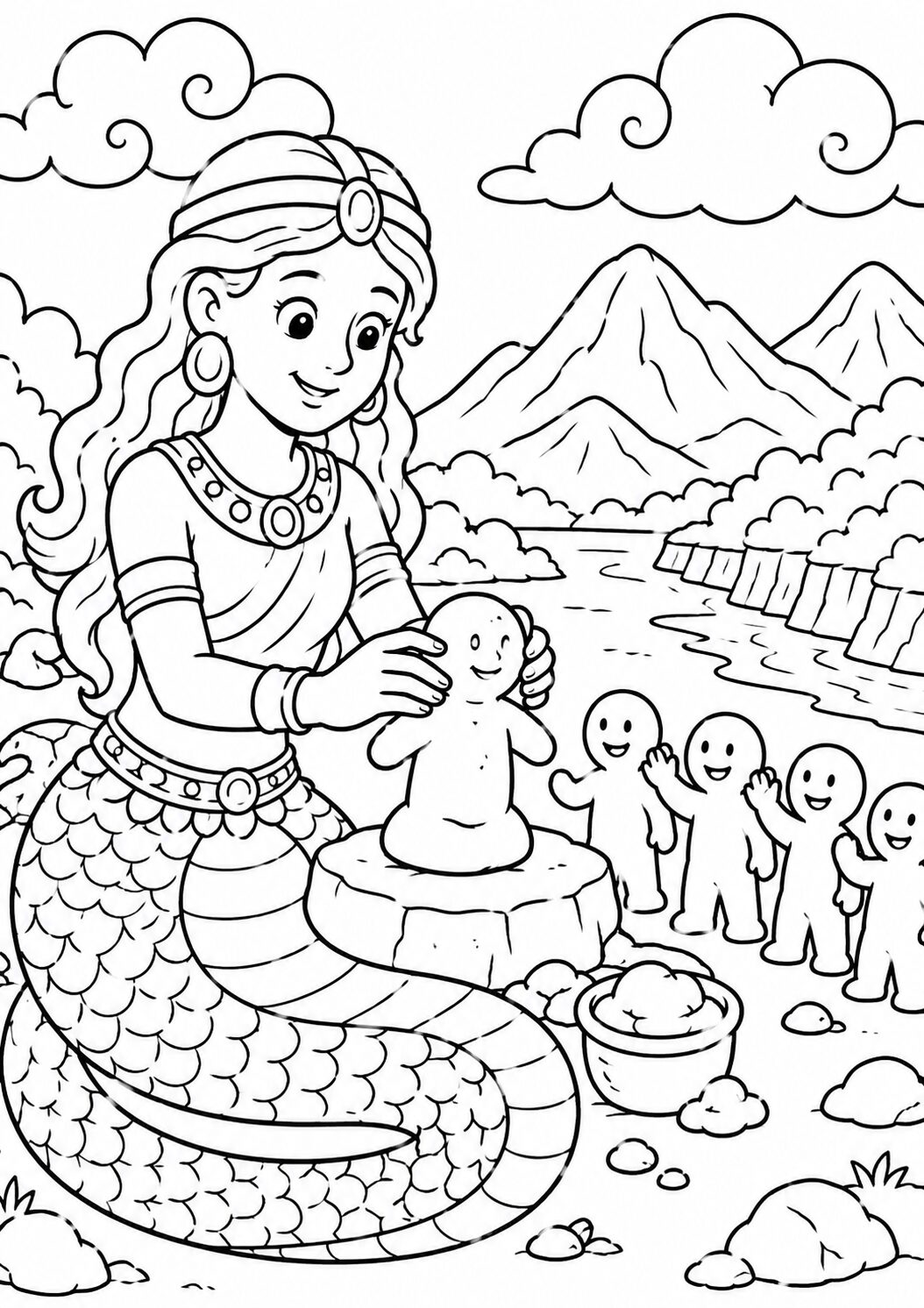 A mythical creature with a serpent body smiles as she creates a tiny humanoid figure. The scene is set against a picturesque mountain backdrop with small, happy characters surrounding her. A perfect coloring activity for children to explore fantasy elements.