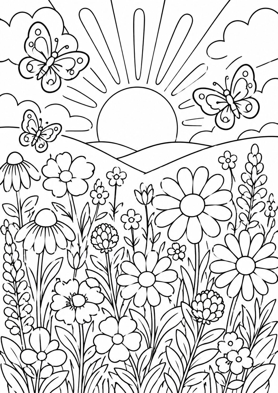 A coloring page showing a bright sun over rolling hills, butterflies, and a variety of flowering plants, offering a vibrant natural scene for children to color.